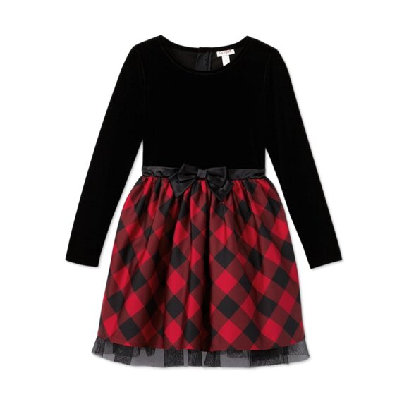 NWT Black Velour & Red Buffalo Check Long-Sleeve Dress - Girls Size L (10/12) - Picture 4 of 5